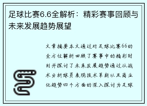 足球比赛6.6全解析：精彩赛事回顾与未来发展趋势展望