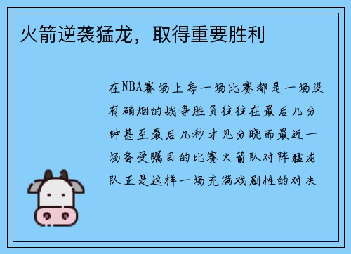 火箭逆袭猛龙，取得重要胜利